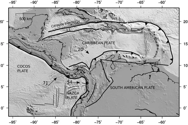 Figure 1.1: Regional scale tectonic context of Colombian Andes and northwestern South America with crustal velocity (mm/yr relative to stable South America)