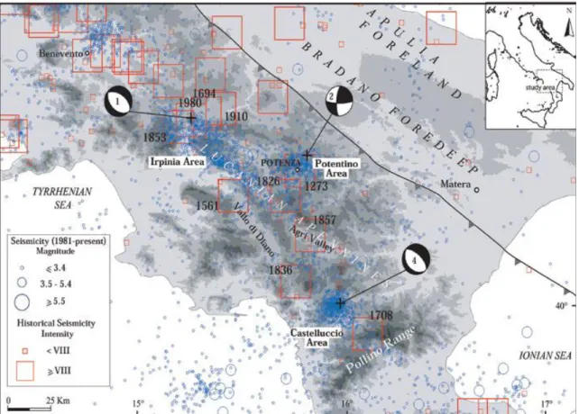 Figure 2.12. In blue, instrumental seismicity in Southern Italy from 1981 to 2005 (Castello  et al.,   2005)