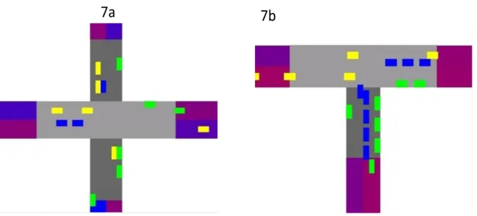 Figure 7. Left side (7a): A 4-way intersection, the road with the darker shade of gray is  the one that has to yield in case of no signal, and the one that has a red light if the  signal is active