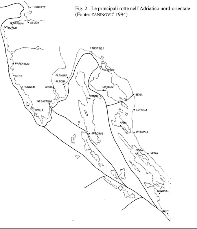 Fig. 2   Le principali rotte nell’Adriatico nord-orientale  (Fonte:  ZANINOVIĆ  1994)  