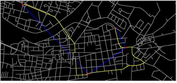 Figure 1.1: A typical map-matching case. The red triangles identify single GPS data records