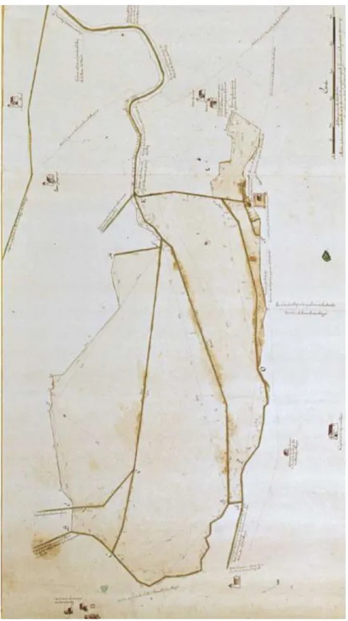Figura 3 – Mappa realizzata nel 1722 per illustrare dimensioni e canali da impiegare per la  bonifica del lago (fonte immagine: ACA, Diversos, Mapas y Planos, 512) 