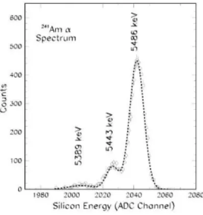 Figure 2.9: Energy spectrum of one of the strips of the silicon detectors, obtained with a collimated 241 Am α-source.