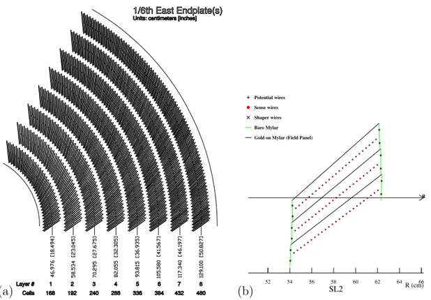 Figure 2.12: A 1/6 section of the COT end-plate (a). For each super-layer is given the total number of cells, the wire orientation (axial or stereo) and the average radius [cm]