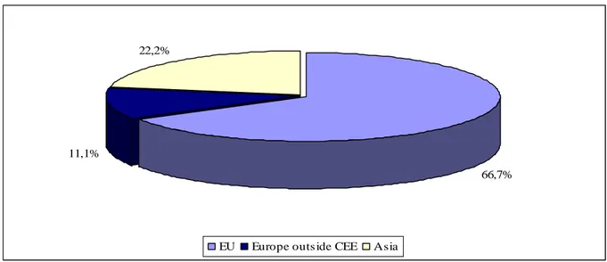 Fig. 3.17: Destinazione delle partecipazioni estere detenute dalle grandi imprese carpigiane  per area geografica (2008, %) 
