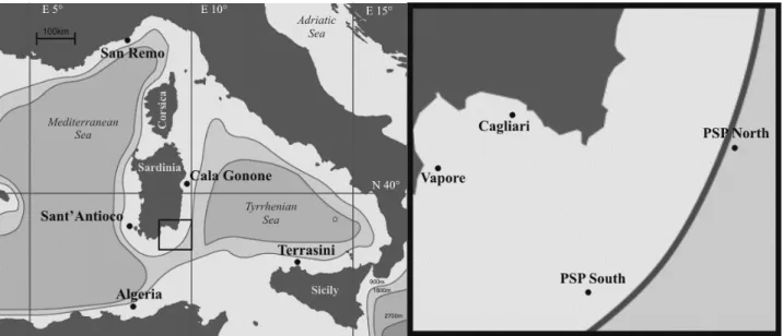 Fig. 4.1 Map of the sampling sites. The right square represents an enlargement of the  Gulf of Cagliari