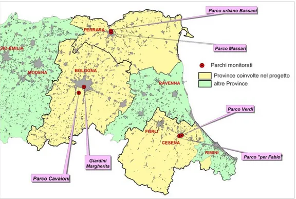 Fig. 3.1 – Localizzazione geografica delle 6 aree individuate come siti del  monitoraggio del sistema suolo-pianta 