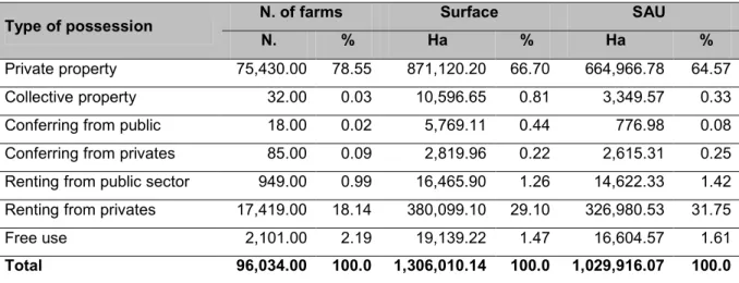 Table 4.3. Type of possession, number of farms, total surface and total SAU. 