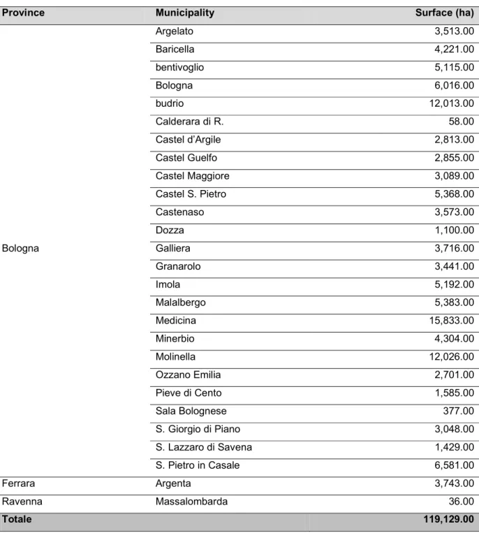 Table 4.10. Province, municipalities and relative surfaces included in the first district of  the RIB