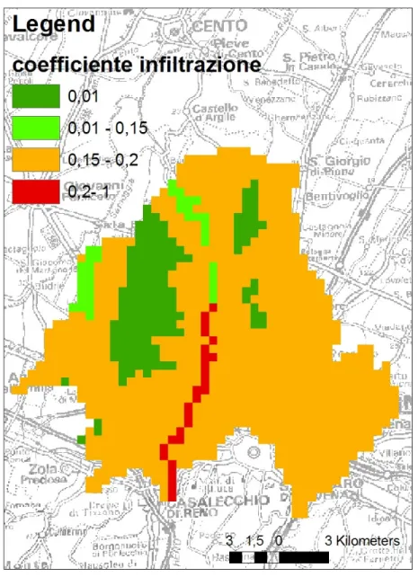 Figura 3.4 Distribuzione del coefficiente di infiltrazione per la conoide del fiume Reno 