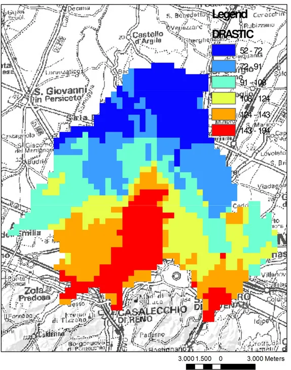 Figura 3.11 Mappa della vulnerabilità dell’acquifero superficiale della conoide del Reno secondo il metodo  DRASTIC  Legend DRASTIC 52 - 7272 - 91 91 - 108 108 - 124124 - 143143 - 194