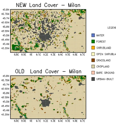 Figure 2: Upgrade of the land-use  for domain 4 (top panel), characterized by a larger number of urban categories than the  standard  one available provided by USGS (down panel) 