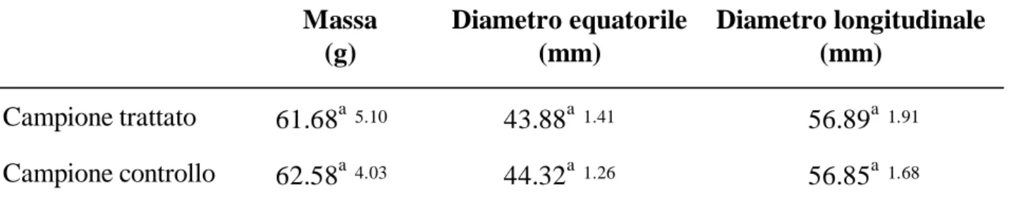 Tabella  5.1:  Medie  e  deviazioni  standard  dei  parametri  dimensionali  misurati  sul  campione  trattato con aria calda e sul campione di controllo