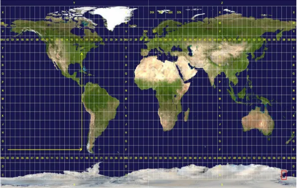 Figure 3.3: UTM Grid zones of the world - David Glacier is located within the red rectangle.