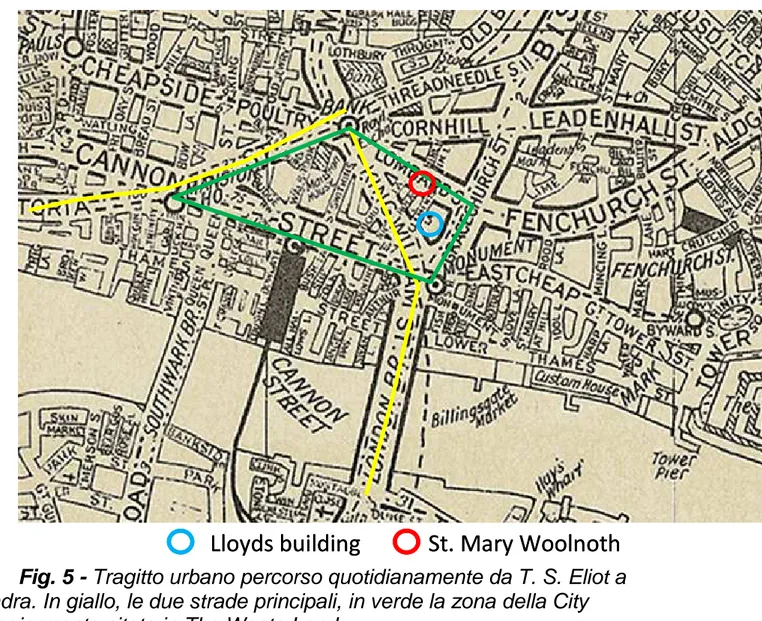 Fig. 5 - Tragitto urbano percorso quotidianamente da T. S. Eliot a  Londra. In giallo, le due strade principali, in verde la zona della City  maggiormente citata in The Waste Land