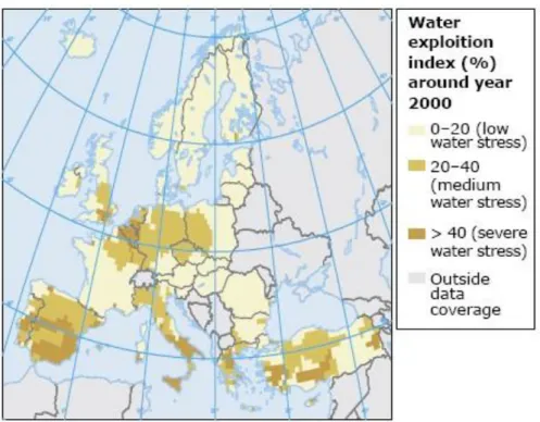 Figura 3.3: Indice di sfruttamento idrico per l'anno 2000 nei principali bacini europei
