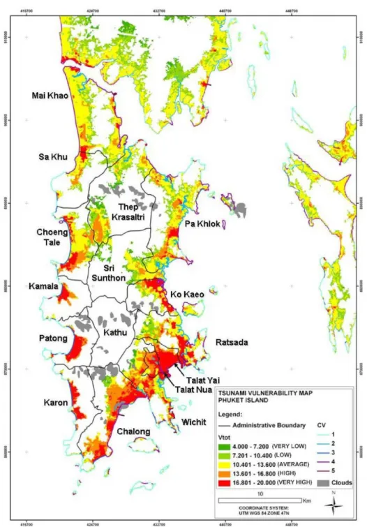 Figure 3 - Vulnerability map generated for Phuket Island, obtained as an intersection of data shown  in Figures n 1b, 2a and 2b