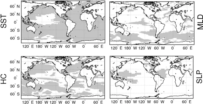 Fig.  3-3  Statistical  significance  at  a  99%  confidence  interval  of  B  minus  A  annual  mean  differences  of  (a)  sea  surface  temperature  (SST),  (b)  mixed  layer  depth  (MLD),  (c)  0-300  m  integrated heat content (HC), (d) sea level pre