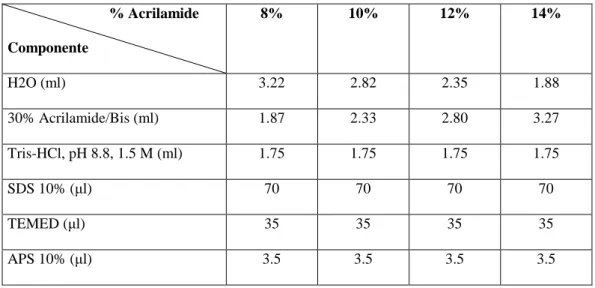 Tabella 4. Resolving gel a diversa percentuale di Acrilamide. 