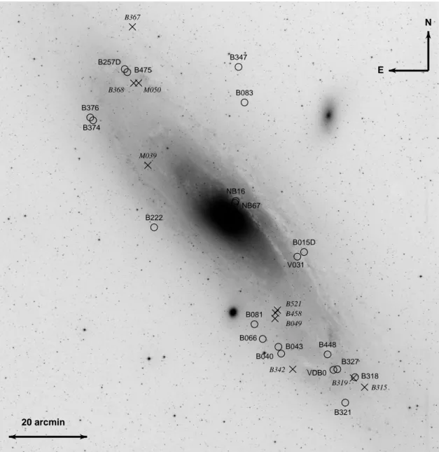Figure 4.1: Location of the 20 targets of our survey (empty circles) projected against the body of M31.