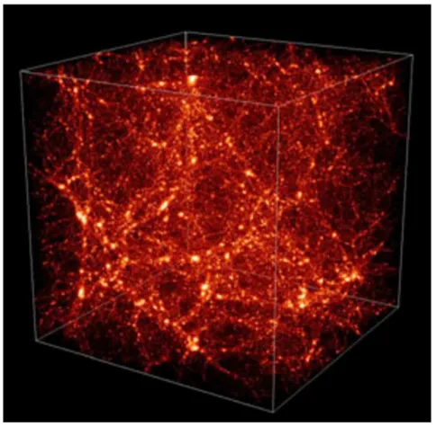 Figure 1.1: The effect of gravitational instabilities in a region of the expanding Universe dominated by dark matter