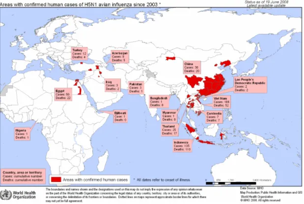 Fig. 4 - Casi confermati da influenza aviareH5N1 nell’uomo dal 2003 al 2008 