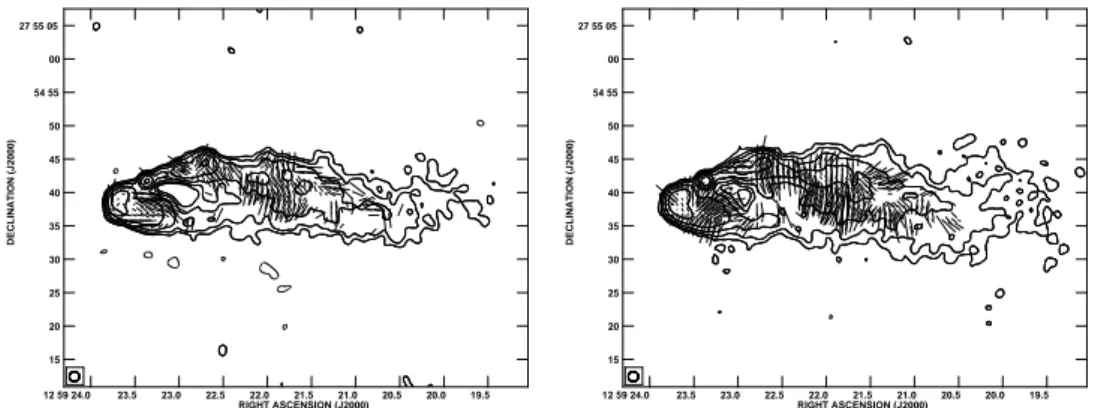Figure 3.3: Source 5C4.81. Total intensity radio contours and polarization vectors at 4.535 GHz (left) and 8.465 GHz (right)