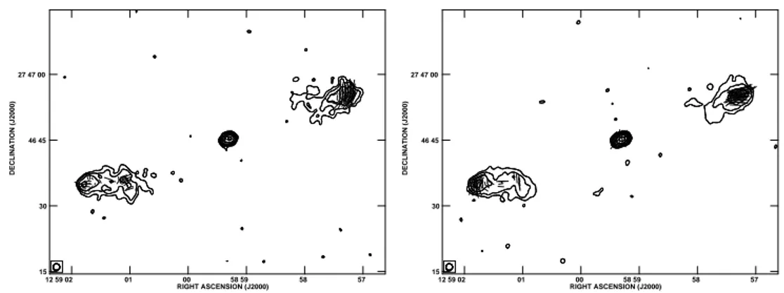 Figure 3.4: Source 5C4.74. Total intensity radio contours and polarization vectors at 4.535 GHz (left) and 8.465 GHz (right)