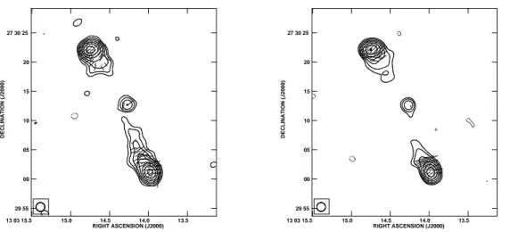 Figure 3.8: Source 5C4.152. Total intensity radio contours and polarization vectors at 4.535 GHz (left) and 8.465 GHz (right)