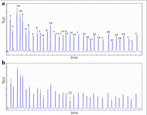 Figura 2.9 - Rilevamento delle delezioni esoniche per il gene BRCA1. Il profilo  dei frammenti amplificati di un controllo sano (riquadro a) messo a confronto con  il profilo di un paziente (riquadro b)