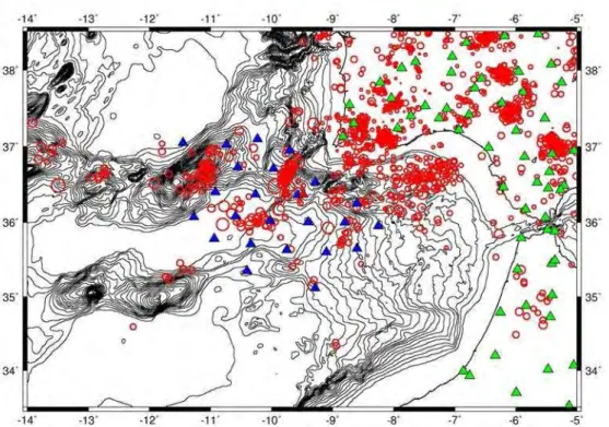 Figure 1.1.3 Natural seismicity of the Gulf of Cadiz and surrounding area, from August 2007 to April  2008,  recorded  during  the  NEAREST  project