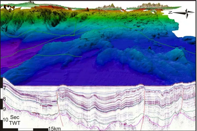 Figure  2.3.2  Seismic  line  AR  07  and  3D  view  bathymetry  of  the  Gulf  of  Cadiz
