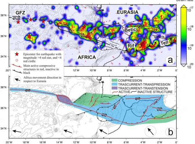 Figure  3.1.3  a)  Stress  map  of  the  study  area,  color  bar  strain  rate  and  b)Recent  tectonic  setting,  (bottom arrow: direction of relative movement of Africa with respect to Iberia)