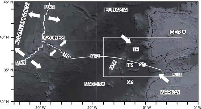Figure  1.1.1  Central  Atlantic  Sea.  MAR:  Mid  Atlantic  Ridge;  TR:  Terceira  Ridge;  GFZ:  Gloria  Fracture  Zone;  MTR:  Madeira  Tore  Rise;  SL:  SWIM  Lineaments;  TP:  Tagus  abyssal  Plain;  HP: 