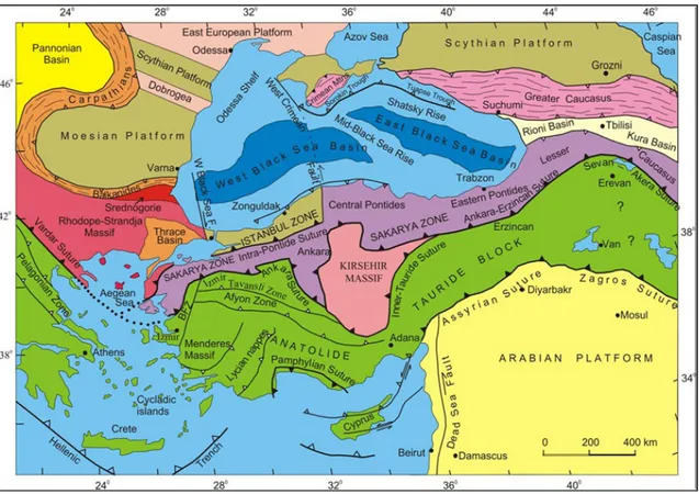 Figura 1. Simplified tectonic map of Turkey and surrounding region. Modified from Okay and Tüysüz (1999)