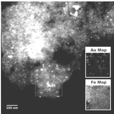 Figure 4.14: STEM image of the fresh Fe 4.5 Au 4 -Ti catalyst. The  of the region inside the square