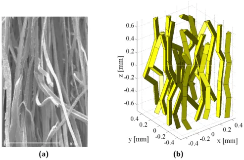 Figure 2.1: (a) SEM view of steel wool and (b) a possible random geometry of an elementary “mean” 3D cell