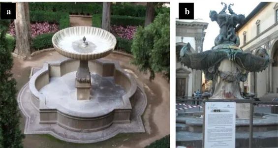 Fig.  18.  The  monumental  fountains  chosen  for  in  situ  experiments:  (a)  Fountain  from  Patio  de  la  Lindaraja and (b) Tacca‟s Fountain 2 