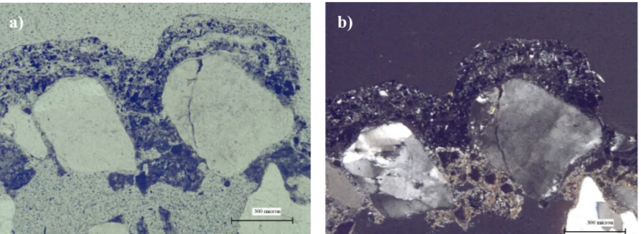 Figure 4.2. Optical micrographs (a) planed-polarised light, (b) cross-polarised light of damage layer in  sheltered area (CH19)