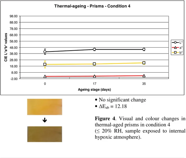 Figure  4.  Visual  and  colour  changes  in  thermal-aged prisms in condition 4 