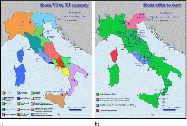 Figura 1. 2: contesto geo-politico in Italia nei secoli VI-XI (a) e dal 1860 al 1917 (b) [da  Boschi et al., 2000]