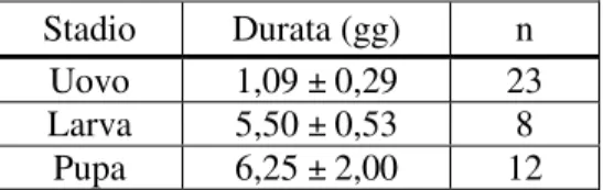 Tab. 10. Tempi di sviluppo di S. stagnalis allevata  su  fibra  di  cocco  e  lievito,  a  25°C,  60%  U.R