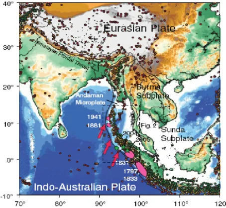 Figura 4.1: Sistema di placche e sismicità della zona del terremoto di Sumatra fornita dal NEIC  e tratta da Lay et al., 2005