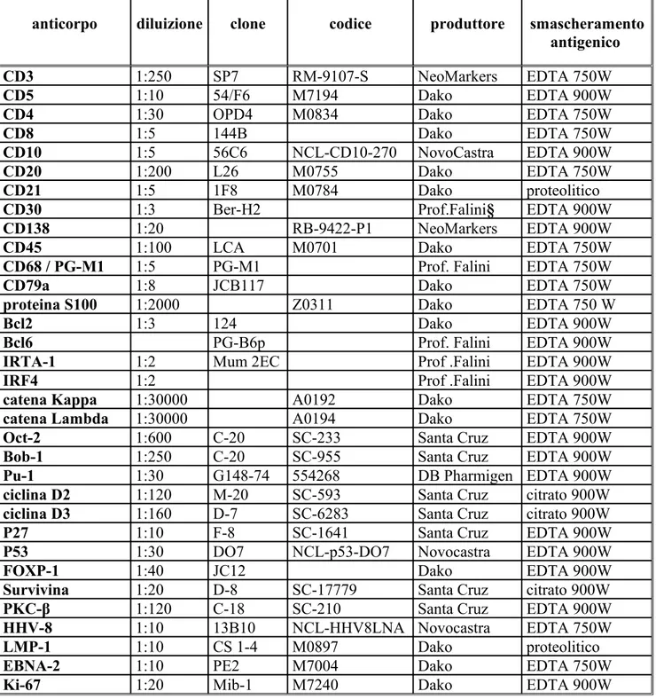 Tabella 1: Lista degli anticorpi utilizzati nello studio.