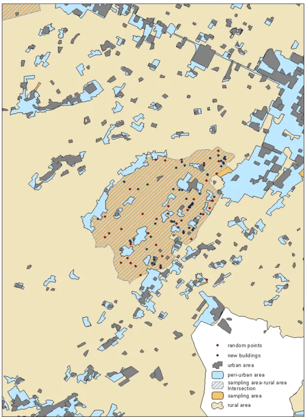 Figure 16 - Presence (new buildings) and absence (random points) of buildings  on the layer resulting from the intersection of rural area and sample areas.