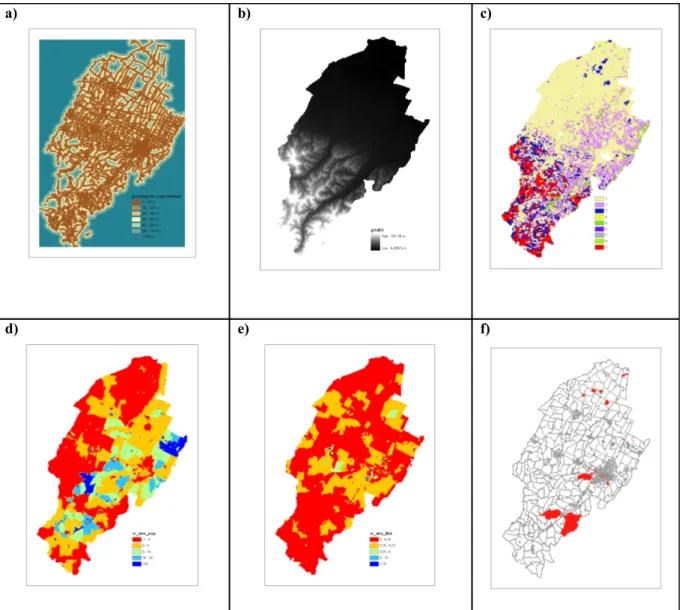 Figure 20 - Distance from road network (a), elevation (b), land-use conversion (c), relative variation of population density (d), relative variation of building density (e), environmental measures (f).