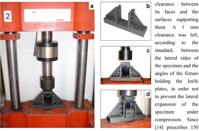 Figure 3 – Apparatus for CAI tests. a) Servo-hydraulic machine. b) Support fixture  according to ASTM D7137 (without upper loading plate)