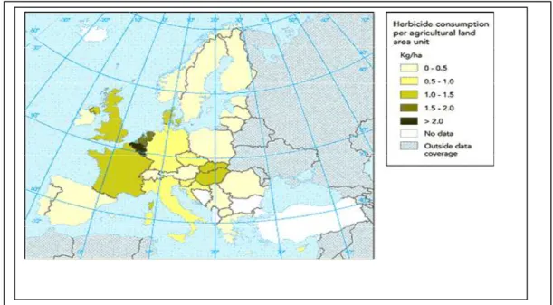 Figura 1.2  Situazione relativa al consumo di erbicidi in Europa nel 1998