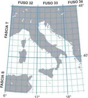Figura 7 – Le zone nella cartografia italiana nel sistema UTM ED50   (fonte immagine: http://www.muedizioni.it/img/Reticolato UTM WEB.jpg) 