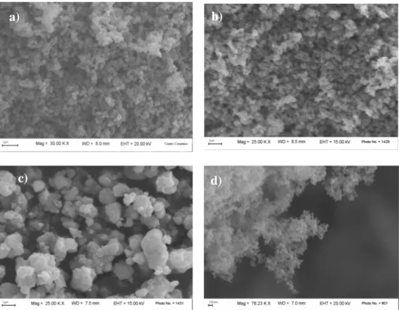 Fig. 4.3 – Micrografie SEM delle polveri di titania utilizzate come fotocatalizzatori: a)  polvere A; b) polvere B; c) polvere C; d) polvere D